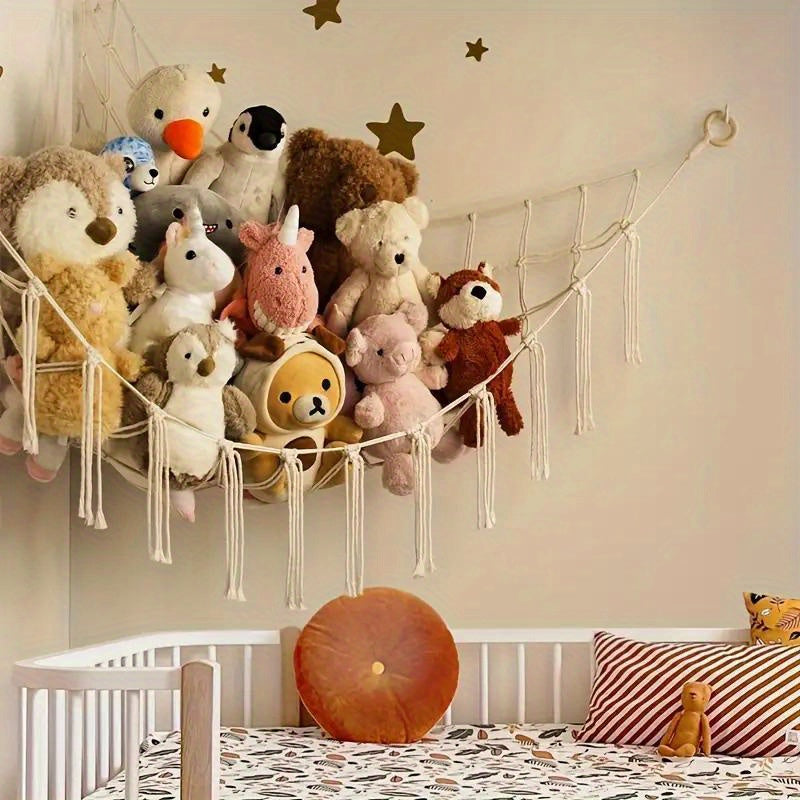 Boho Chic Plush Hammock - Hanging Net for Stuffed Animals Storage, Easy to Install, Perfect for Bedroom Decor