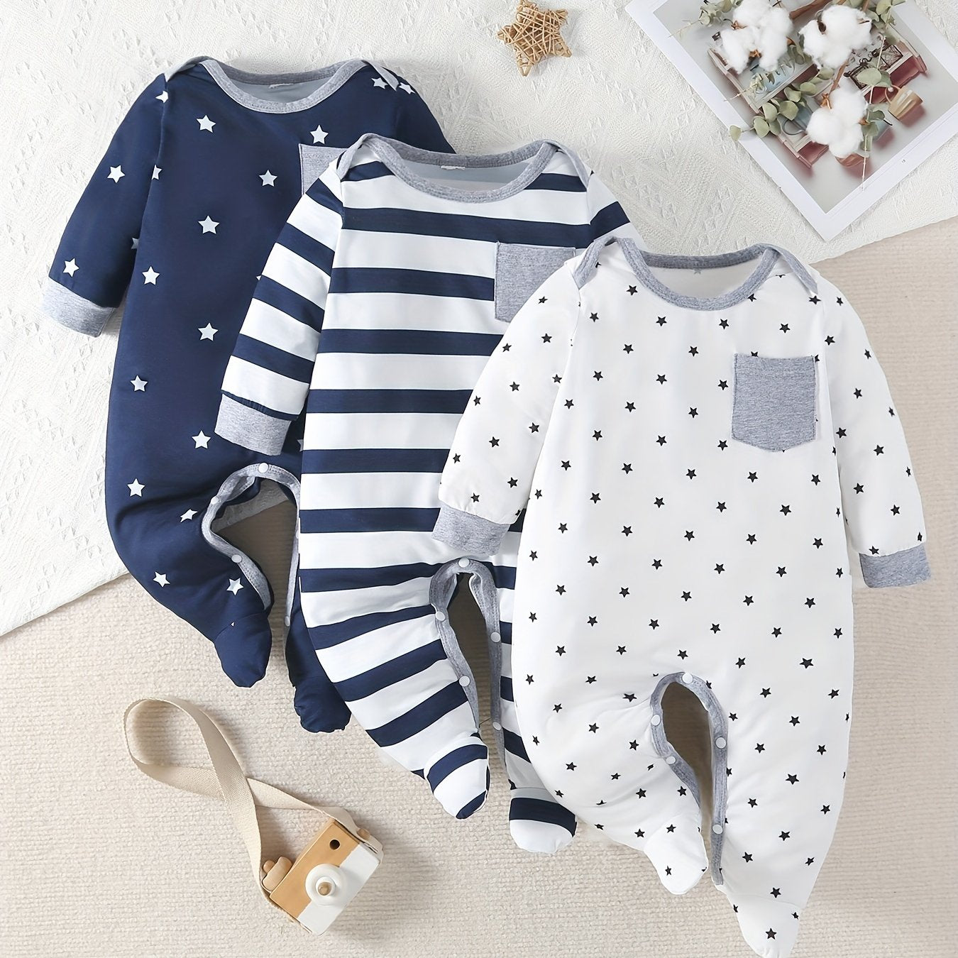 Star-printed footed bodysuit set for baby boys