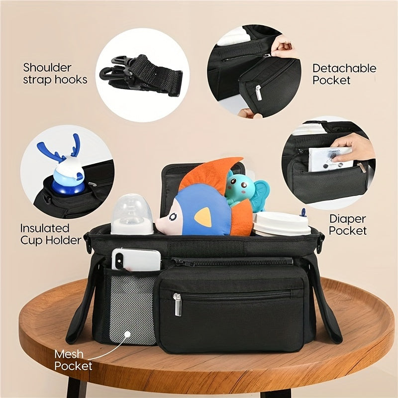 Black/Grey Universal Stroller Organizer for Moms, Features Insulated Cup Holder, Phone Pouch & Shoulder Strap. Fits Most Strollers and Pet Strollers. Durable Polyamide Material, Storage Hanging Bag Mommy Pack.