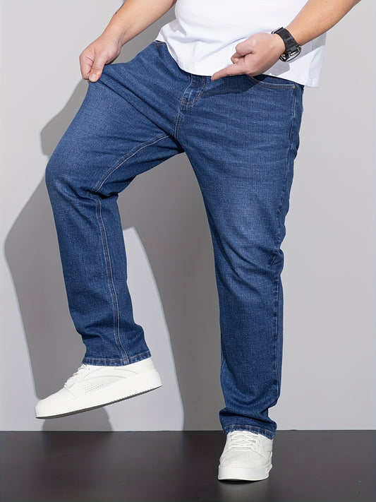 Comfortable stretch denim jeans for plus size men with versatile business style, straight-leg, and machine washable