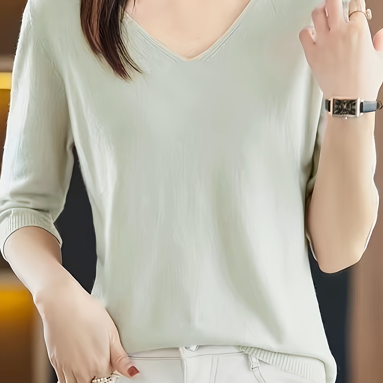 V-neck sweater in solid color, versatile half sleeve knit top for spring/fall, women's clothing.