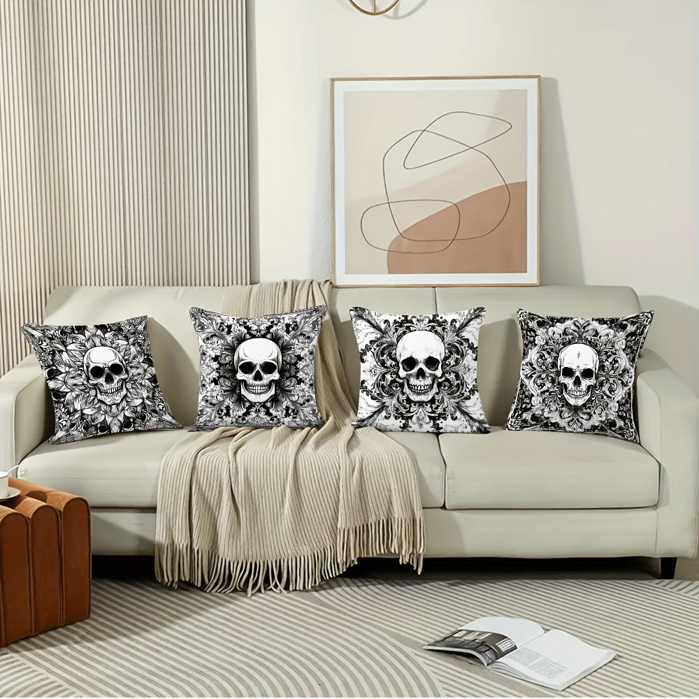 Polyester Gothic Skull Pillow Covers 4-Pack - Featuring Double-Sided Print, Zippered Decorative Cases for Sofa Cushions. Perfect for Halloween & Christmas Decor, Suitable for ages 18 and up. (Insert Not Included) - Item Code: QYH8-281/284