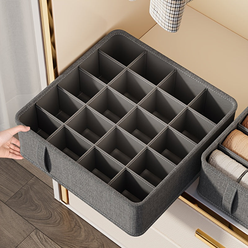 Foldable storage box for organizing bras, socks, and underwear in drawers. Washable closet organizer.