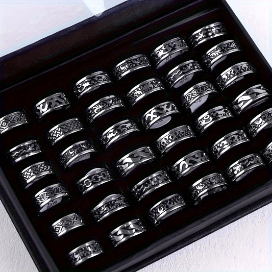 A 10-Pack of Stainless Steel Carved Rings in Vintage Style with Classic Designs - Perfect for Gifts and Parties, Unisex Jewelry Accessories Suitable for All Seasons - No Plating or Mosaic Included