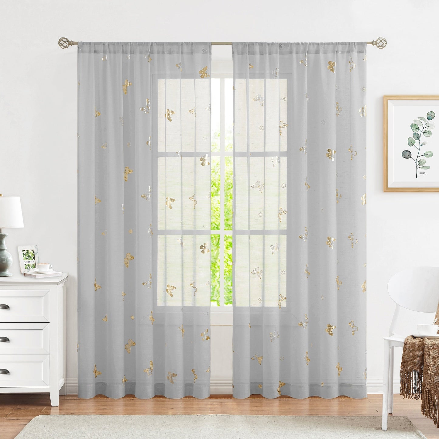 Two pieces of beautiful golden butterfly natural translucent curtains, perfect for adding a flowy and romantic touch to any bedroom or living room. These curtains come in 63, 84, or 95 inches, and feature a linen texture with a bamboo festival yarn