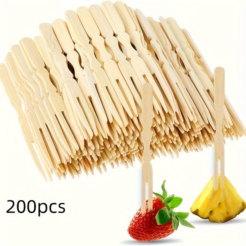 100/200pcs Mini Bamboo Cocktail Forks for appetizers, fruits, pastries, and desserts. 8.89cm in length.