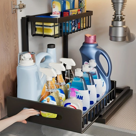 Double-Layer Pull-Out Under Sink Organizer, Carbon Steel Storage Shelf for Kitchen and Bathroom - Multi-Functional Rack for Condiments, Spices, Medicines, and Cosmetics - Available in Black/White