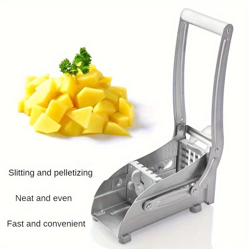 Introducing the InBrave Stainless Steel Fruit & Vegetable Cutter - a versatile kitchen gadget perfect for slicing french fries, chopping potatoes, and dicing onions. This durable tool features anti-slip feet for stability and is made with food-grade