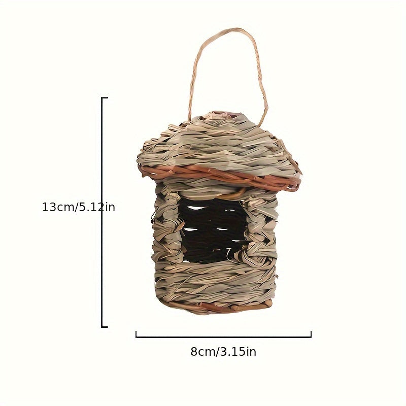 Handmade straw birdhouse for garden decor, attracts various bird species incl. toucans.