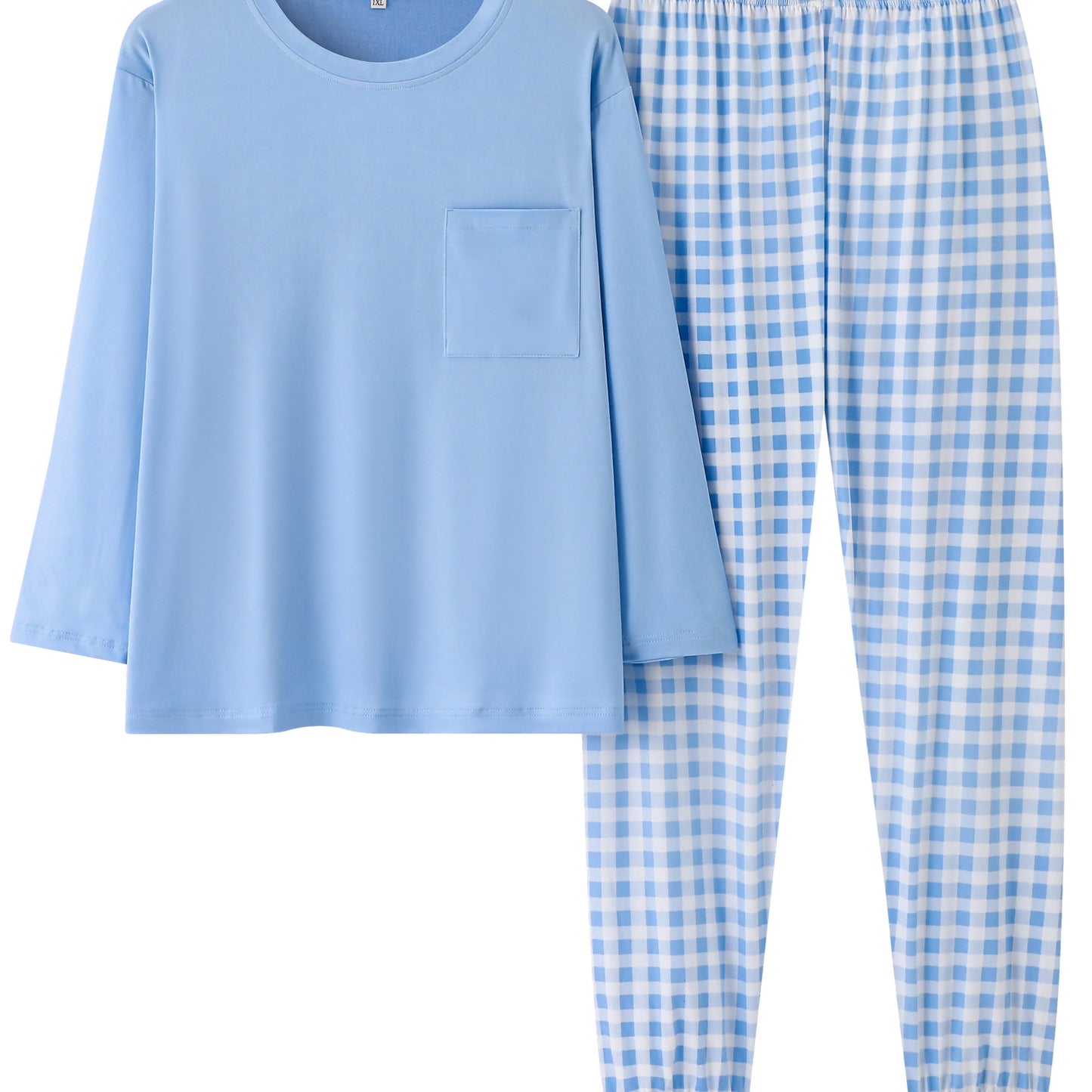 Women's plus size casual pajamas set with soft long sleeve tee and plaid pants for comfort loungewear.