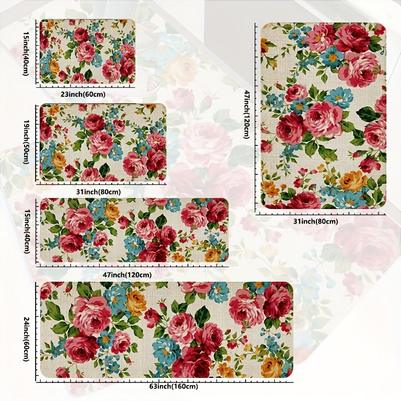 Polyester kitchen mat with floral design is non-slip, oil-proof, and waterproof. Machine washable and dirt-resistant, suitable for various rooms. Water-absorbing and decorative floor mat.