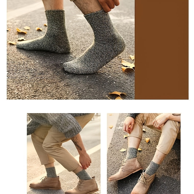 3 or 5 pairs of men's thick warm terry crew socks in solid colors for winter