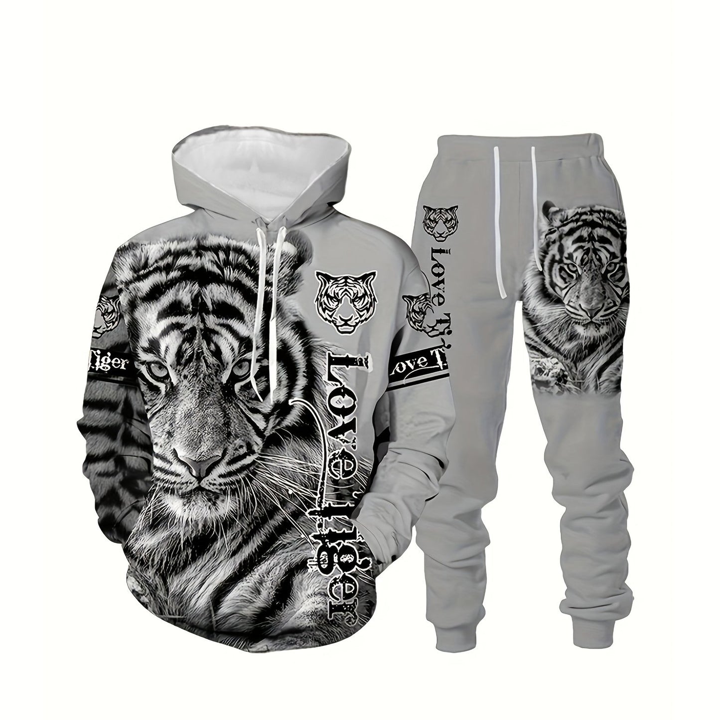 Men's Tiger & Lion Print Hoodie and Sweatpants Set - Casual, Comfy Loungewear with Kangaroo Pocket