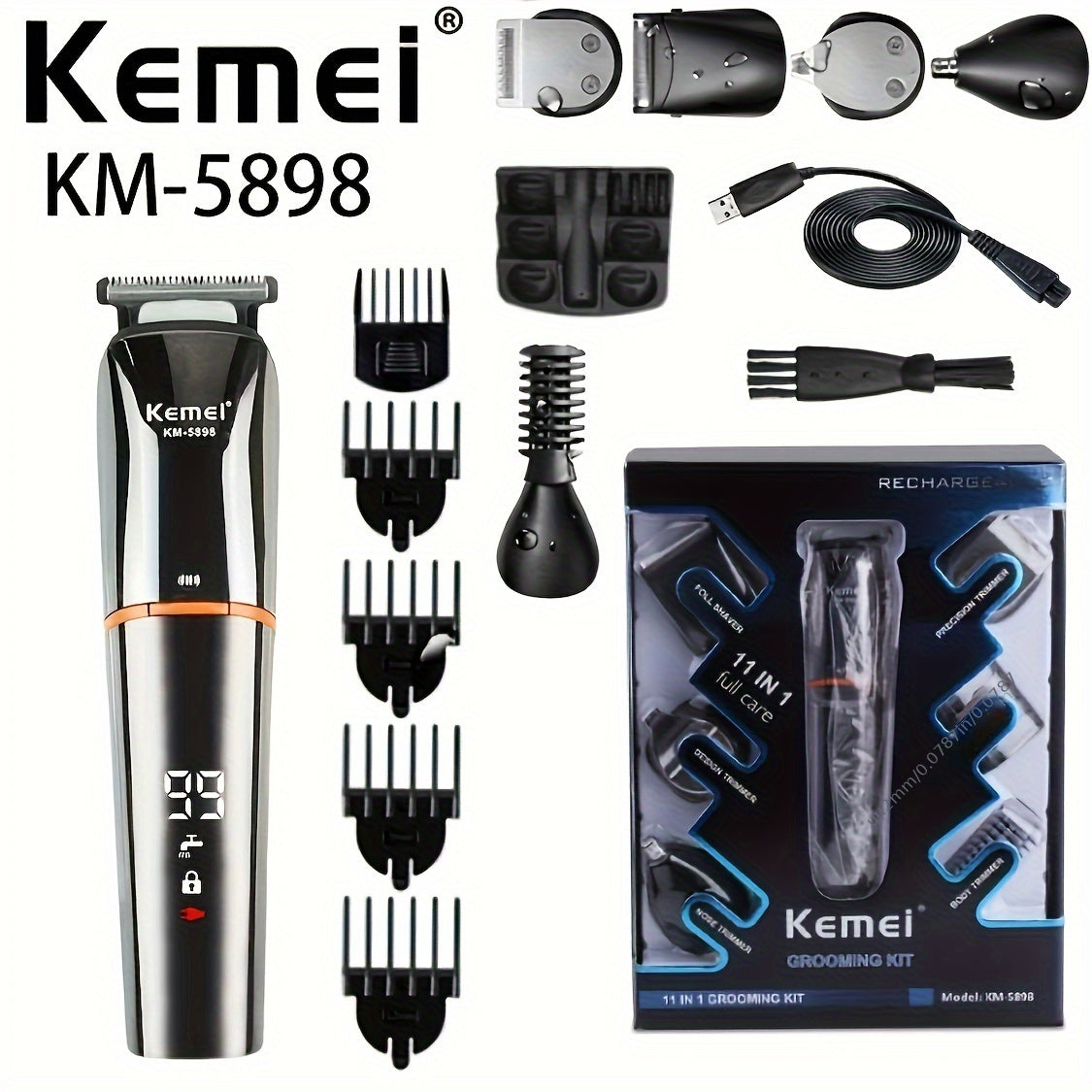 Kemei 11-in-1 Men's Grooming Kit - USB Rechargeable and Washable