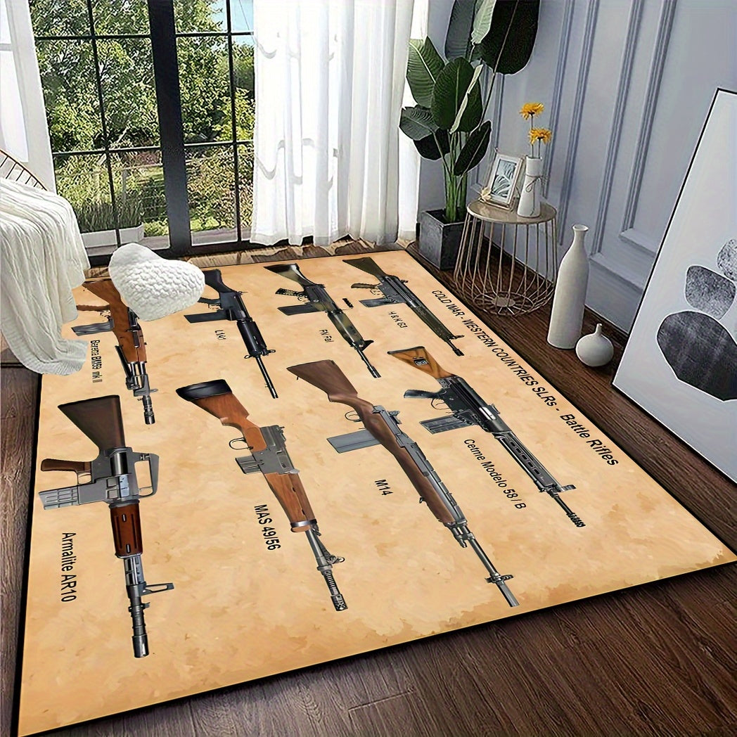 Military-themed polyester fiber carpet featuring various gun patterns, designed for use in the bathroom, living room, bedroom, or restaurant. Resistant to dirt, machine washable, and non-slip for added convenience.