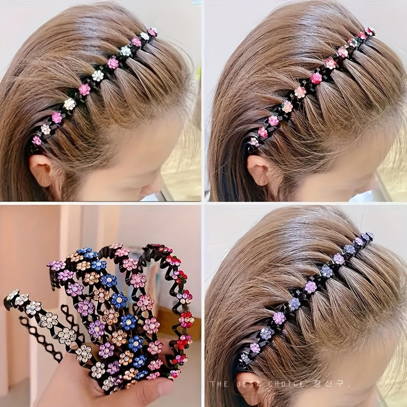 Vintage style 4-pack of rhinestone flower hair clips made of plastic for dressing up and styling hair.