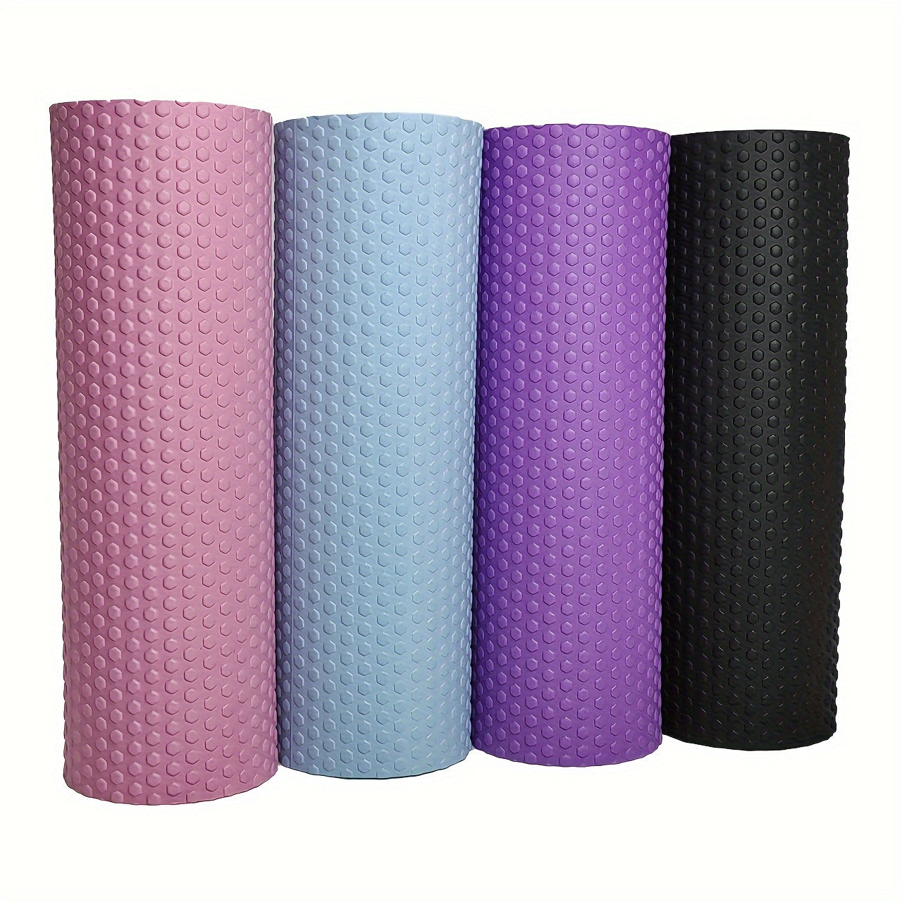 Premium EVA foam roller with textured surface for flexibility and muscle relaxation. Perfect for yoga, pilates, and fitness. Available in purple, blue, and black.