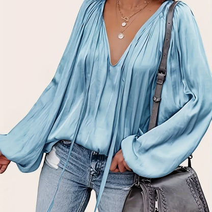 V-Neck Polyester Blouse with Tie Neck Detail - Draped Lantern Sleeves, Ruched Design, Loose Fit Casual Top for Women - Versatile All-Season Shirting