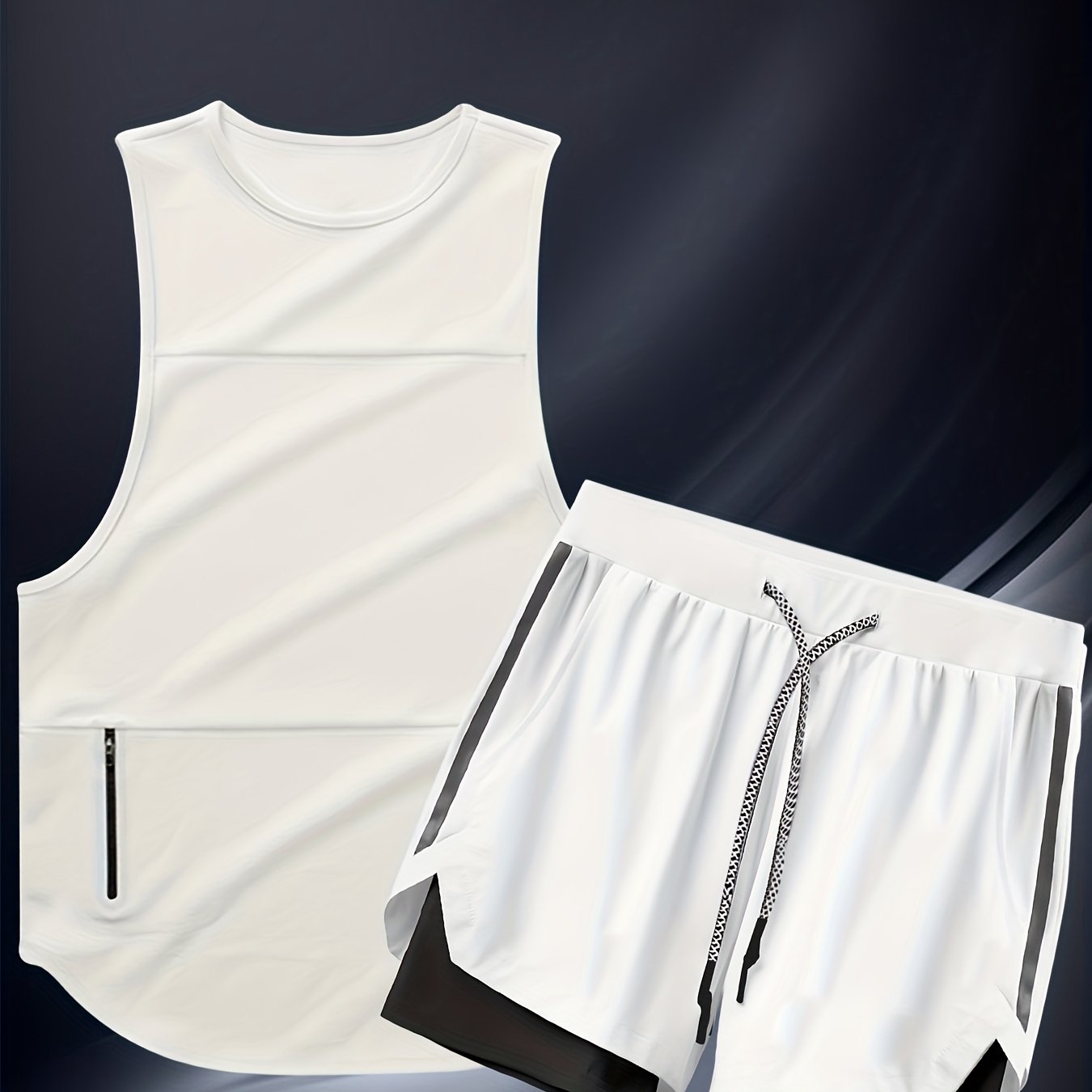 Men's casual sports suit with sleeveless zipper pocket vest and American style training shorts.