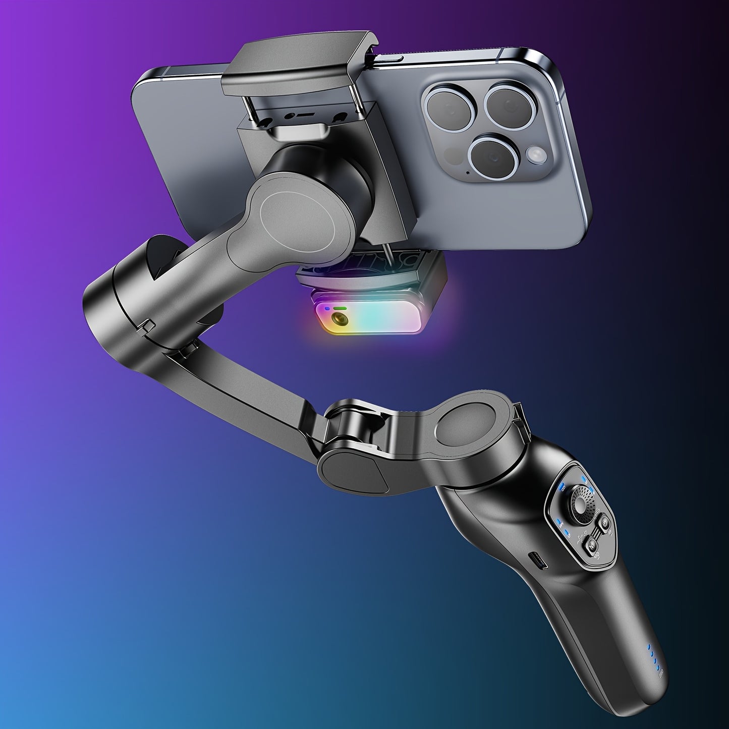 3-axis smartphone stabilizer with RGB lighting, face tracking and wireless capabilities. Rechargeable with USB, works with Apple and Samsung phones. Perfect for video shooting and holiday