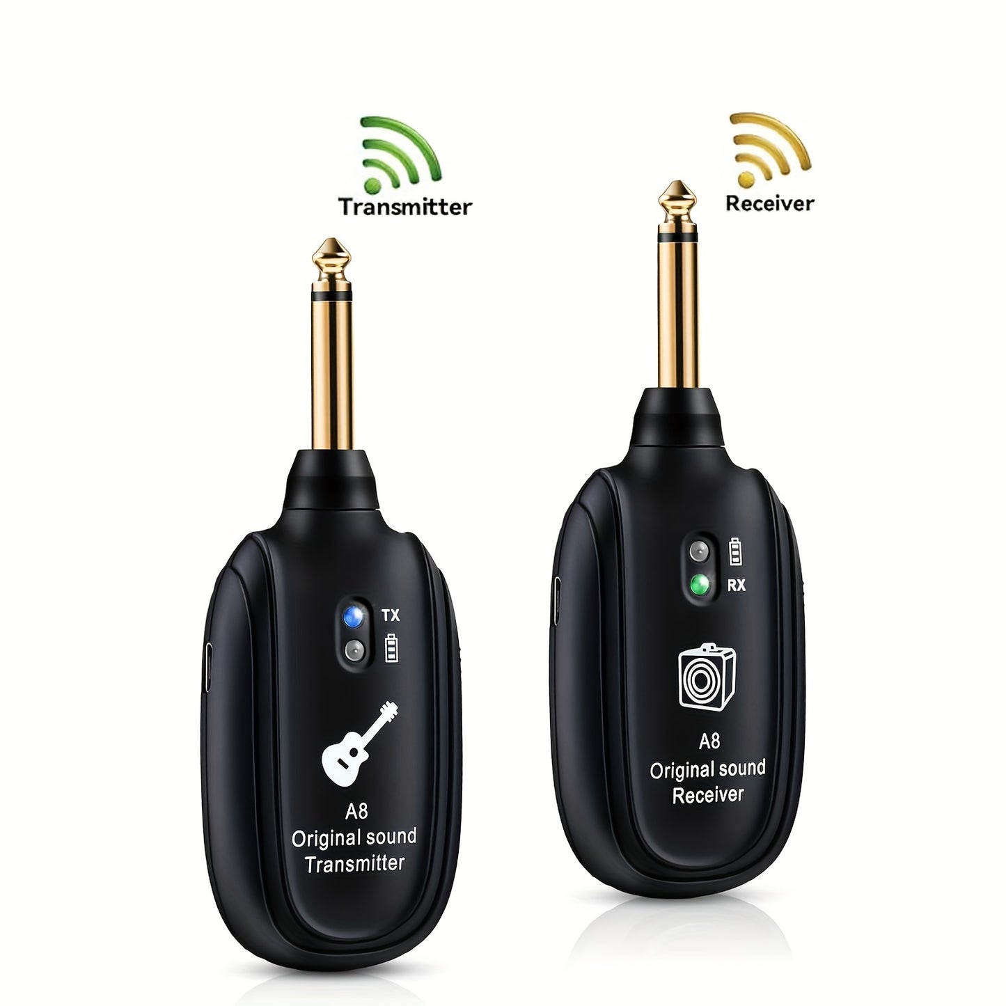 Wireless guitar system with rechargeable battery for various instruments - durable ABS material in black.