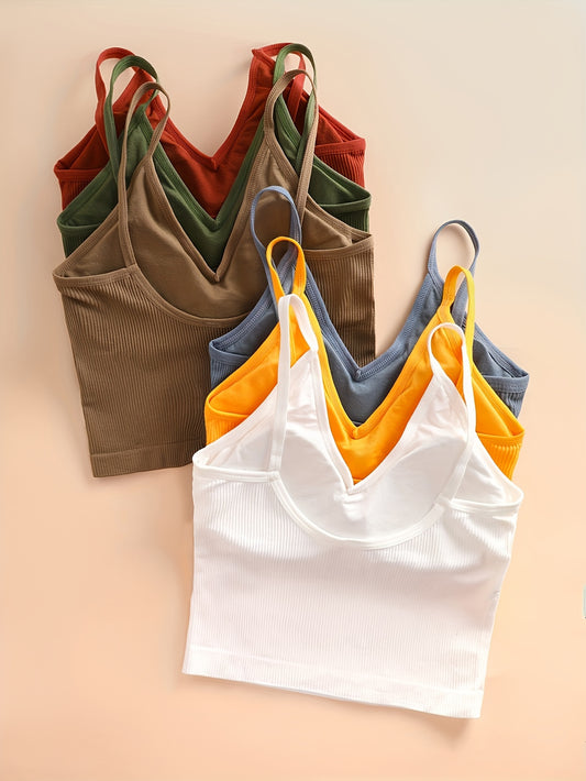 Women's 6-pack ribbed tank tops in assorted colors, casual style, stretchy sleeveless crop tops for a comfort fit.