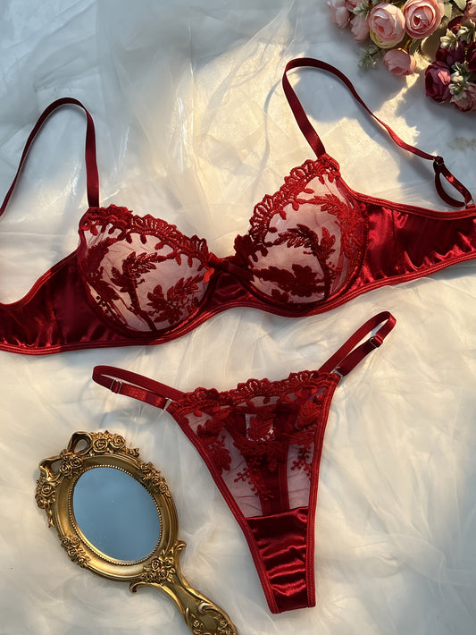 Floral embroidered lingerie set in burgundy, made from 97% polyester and 3% elastane knit fabric. Features medium support, no padding, thong panty, and drop waist - perfect as a Valentine's