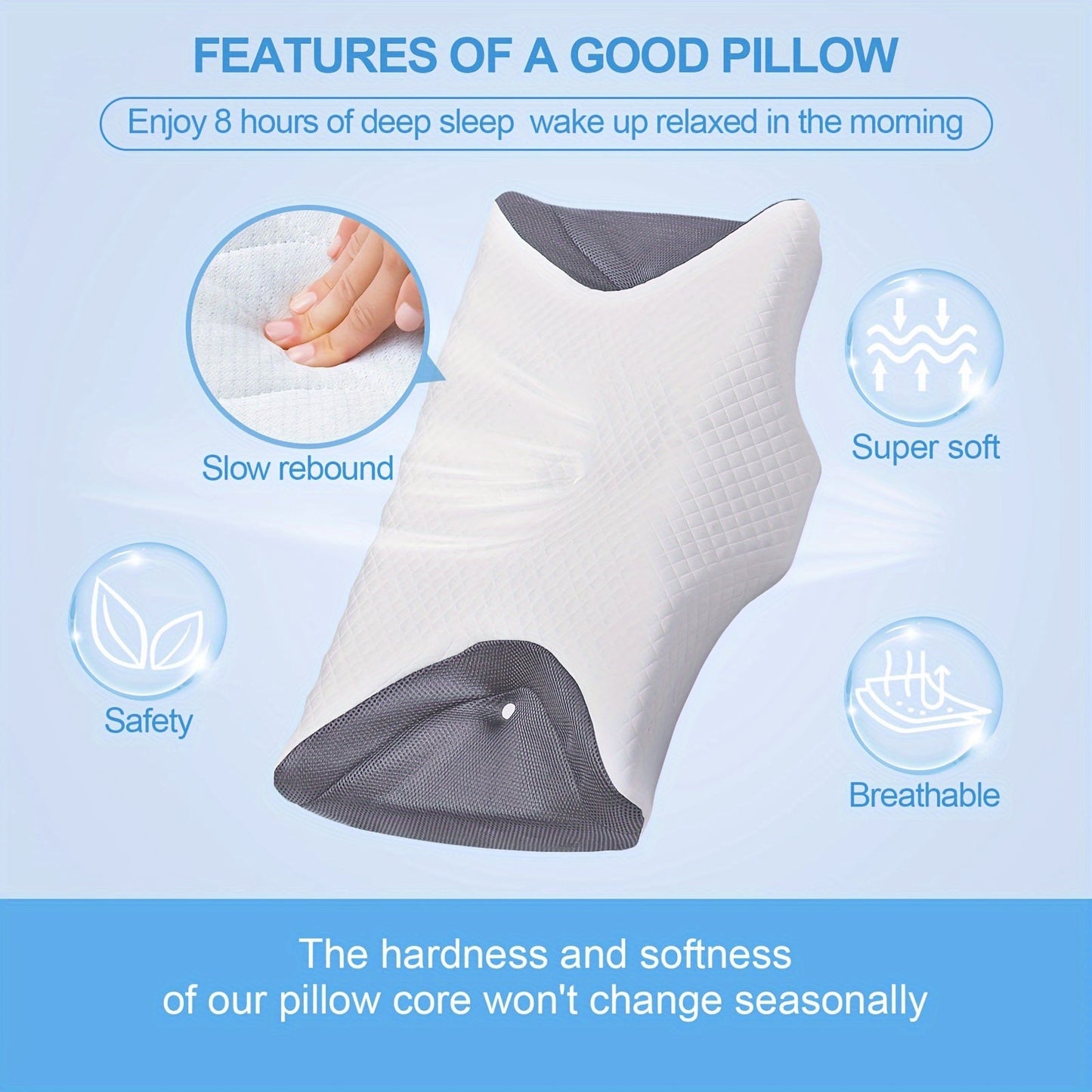 Get a 1-piece memory foam pillow designed specifically for side sleepers. This cervical pillow is perfect for relaxation and ideal for those using CPAP machines. Say goodbye to air leaks, hose tangles, and mask pressure with this Sleep Apnea Pillow. It