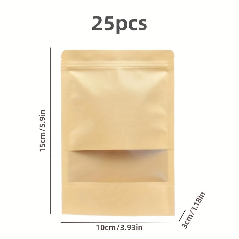 50/25 Waterproof Kraft Paper Stand Up Pouches with Window for Coffee, Resealable and Sealable for Home or Business Packaging.