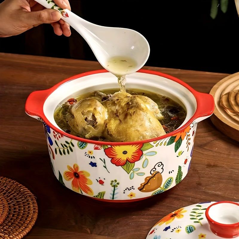 This generously-sized ceramic soup tureen comes complete with a convenient lid and sturdy handles, making it an ideal choice for preparing delicious home-cooked meals.