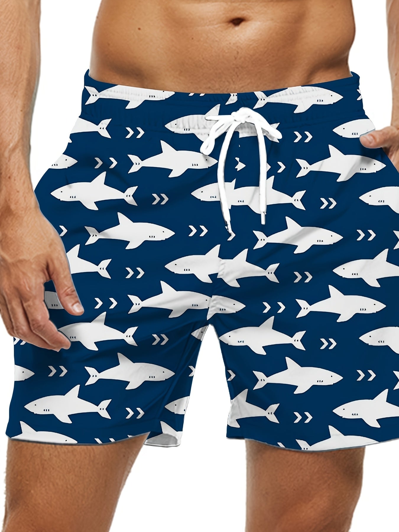 Quick-dry ocean style swim shorts for men with shark print, in plus size