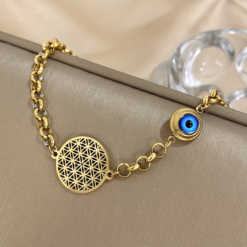 Golden-tone stainless steel bracelet featuring an Evil Eye and Flower of Life design, waterproof and perfect for winter and New Year fashion for women.