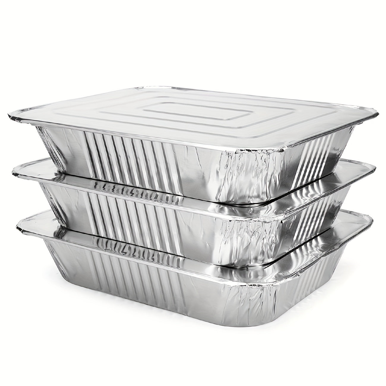 This set includes 8 heavy-duty aluminum pans with foil lids. The extra thick disposable foil containers are perfect for baking, cooking, roasting, and heating. Each pan measures 9x13 inches.