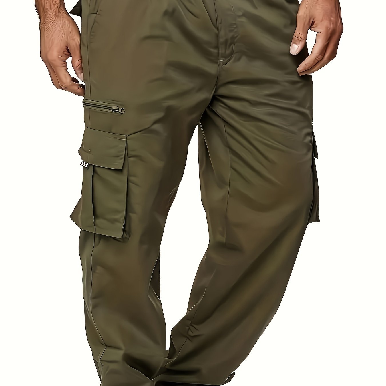 Men's black cargo pants with multiple pockets, made of durable polyester for outdoor casual wear. Features an elastic waistband and ankle straps, machine washable and suitable for all