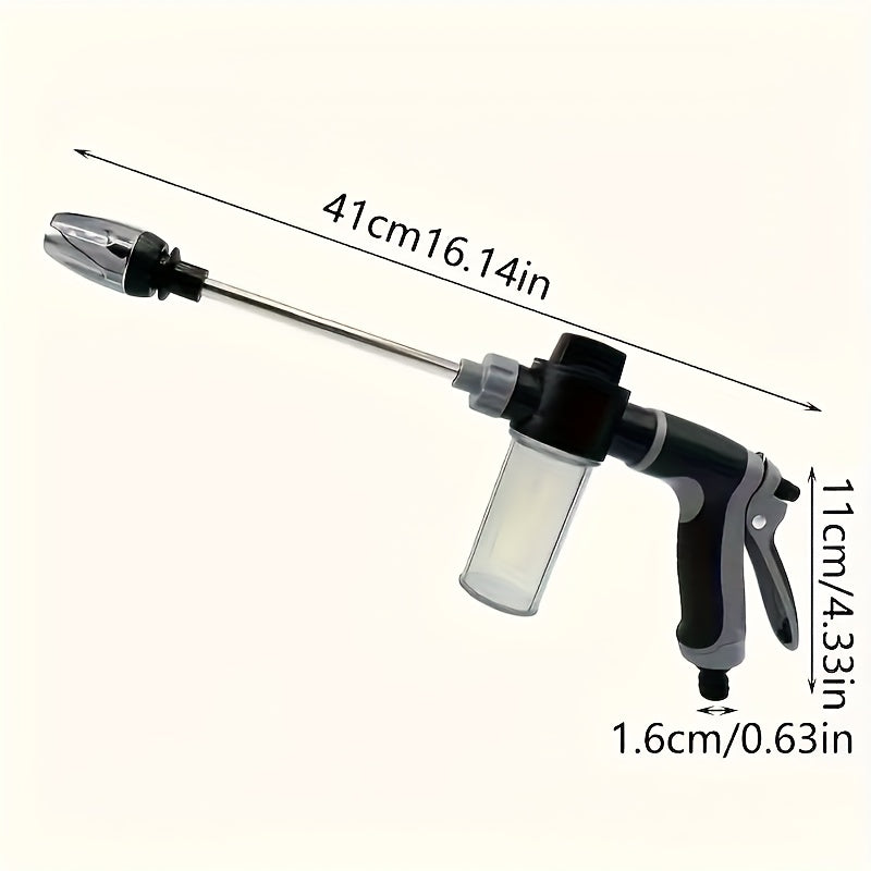 High-pressure foam gun with long handle and adjustable nozzle for cleaning, watering, and tire inflation. Includes foam cannon and pressure spray bottle.