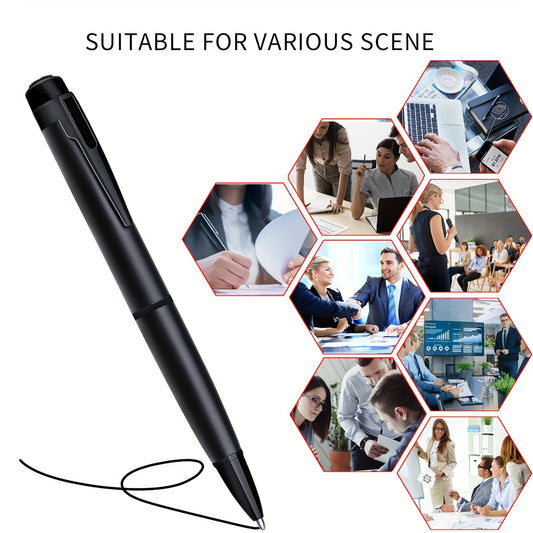 Compact 64GB HD 1080P Mini Nanny Camera Pen with touch button control, rechargeable via USB. Features built-in 200mAh battery, Indoor color display, and one-click recording for home office