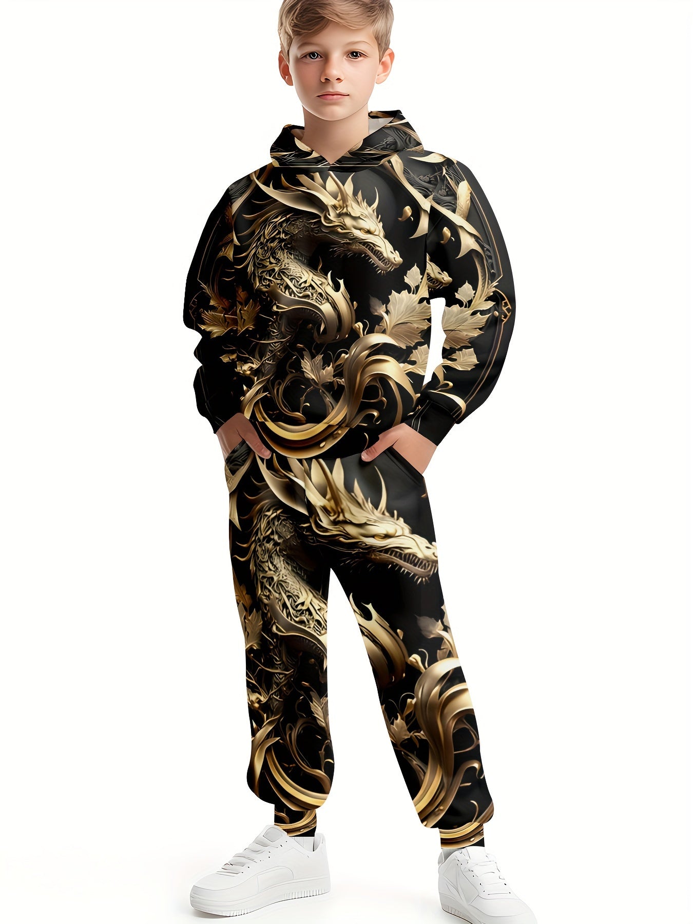 Boys' 3D Dragon Print Hoodie & Joggers Set - Casual, Comfy Polyester Outfit, Great for Spring/Fall Outdoors.