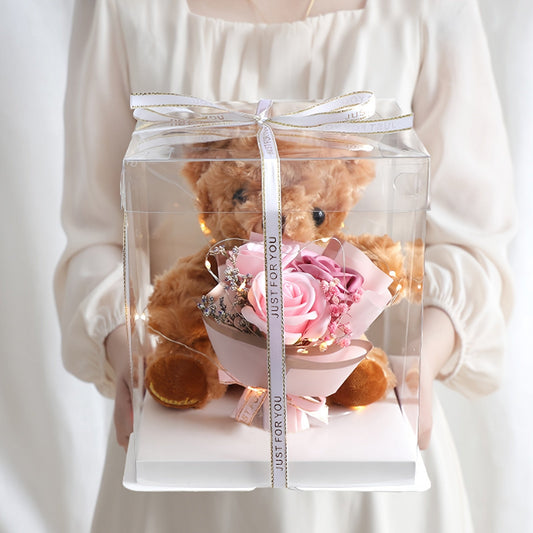 Valentine's Day Gift Box featuring a Adorable Bear Bouquet, Soap Flower Bear Holding Flower Main Gift, Ideal for Christmas, Birthdays, Nurse's Day, Teacher's Day, and other Special Occasions. Simple Assembly Required. Great All-Purpose Gift Box.