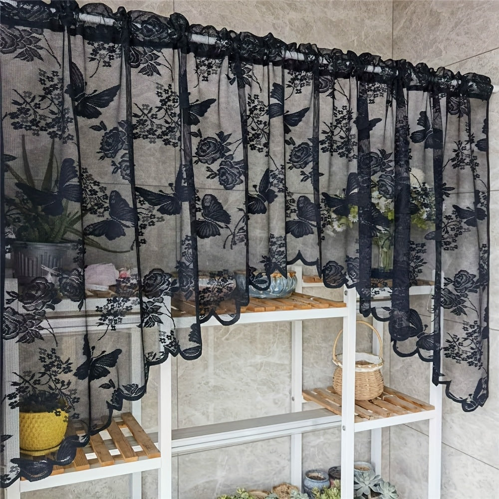 White/Blue/Purple Butterfly Flower Plant Pattern Sheer Curtain Tulle Valance with Lacework Tassel Design, Perfect for Kitchen Cafe or Bedroom. Rod Pocket Style for Easy Hanging in Bedroom, Living Room, or Home Decor.