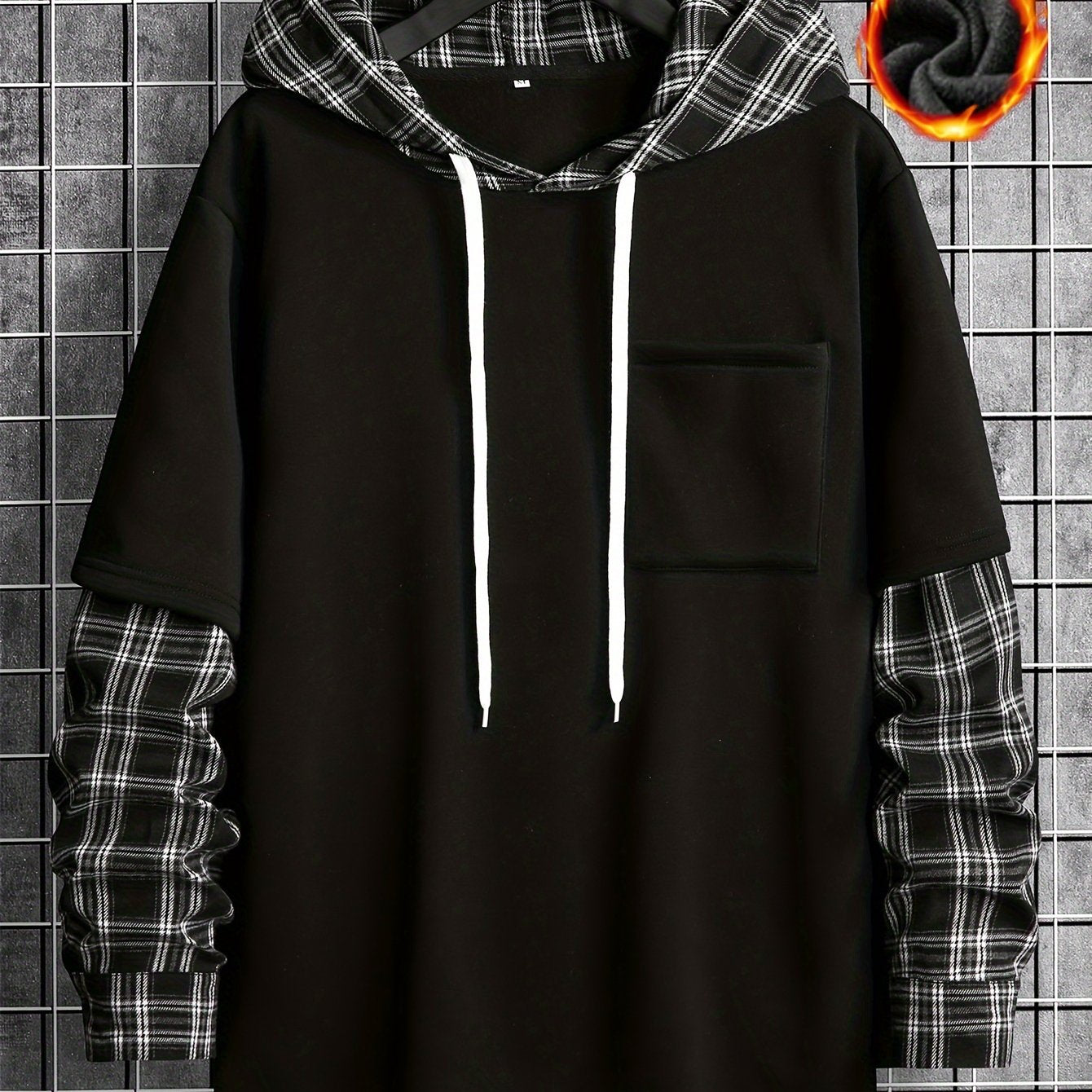 Men's plaid pattern hooded sweatshirt with pocket, perfect for spring and fall leisurewear.