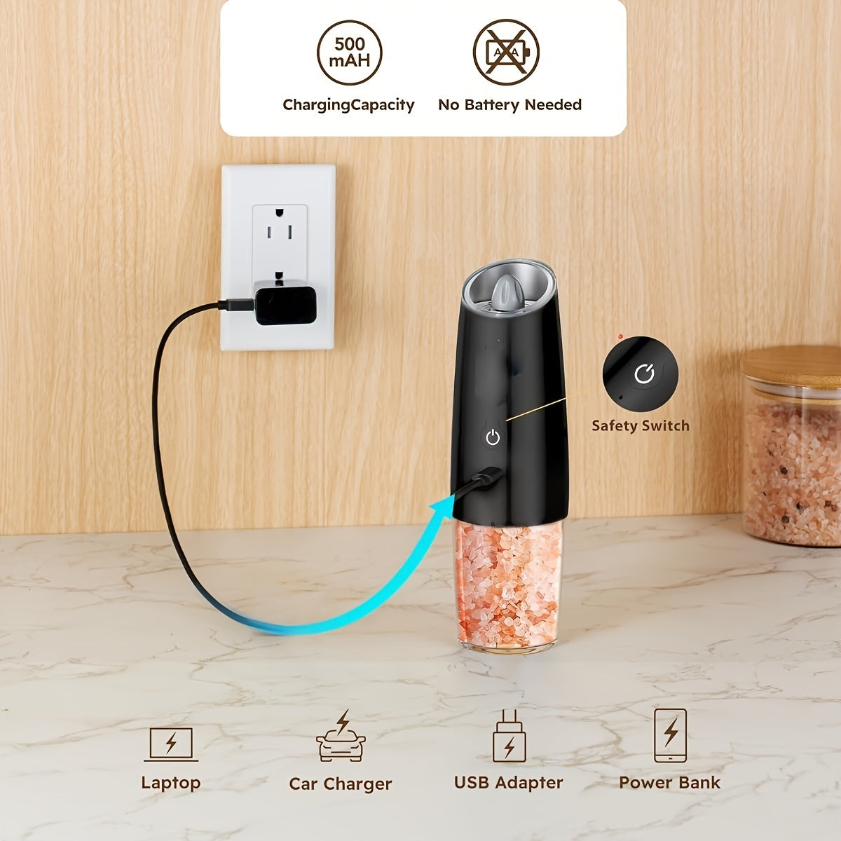 Set of 2 Electric Salt and Pepper Grinders - Made of ABS Material with Gravity Induction, Rechargeable via USB Type-C, Includes Built-in Lithium Battery