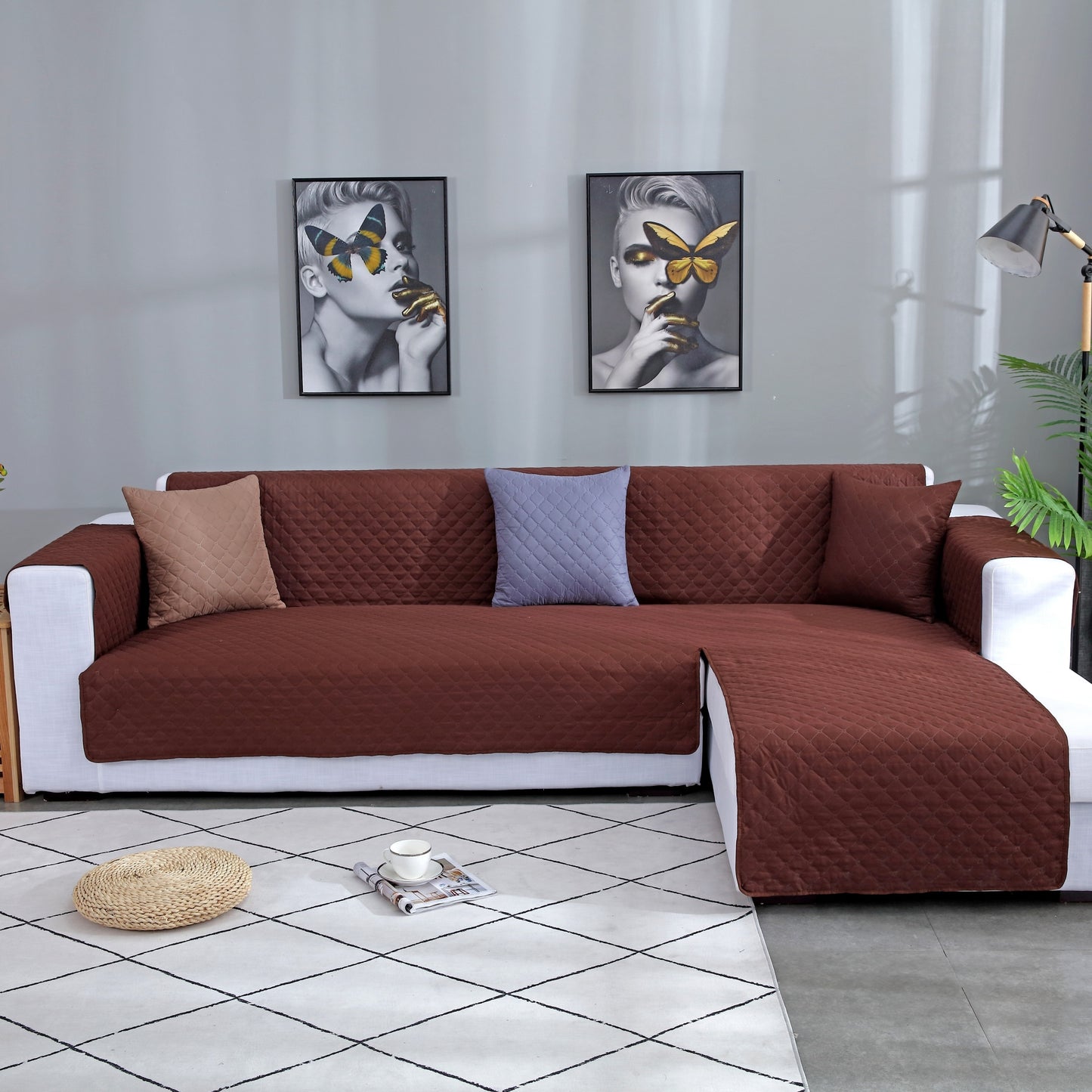 Waterproof and dustproof sofa cover for L shape sofas, pet-friendly and double-sided, perfect for living rooms, offices, and home decor.