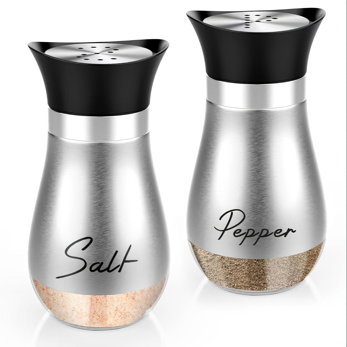 1 set of 4 ounce glass salt and pepper jars with stainless steel lids, perfect for kitchens, tables, RVs, campsites, and barbecues. Refillable design.