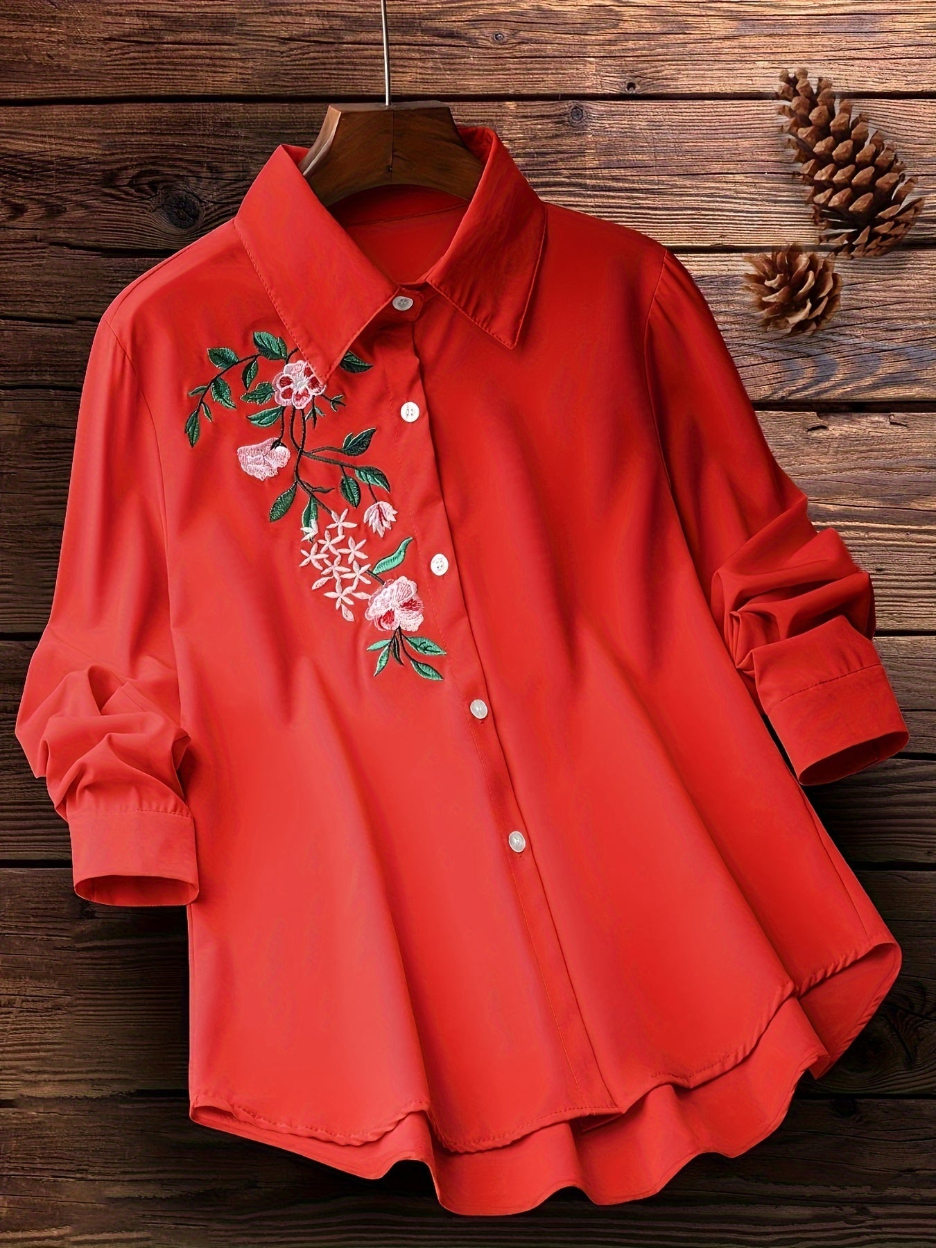 Embroidered Flower Shirt with Turn-down Collar, Long Sleeve Button Front - Women's Plus Size Clothing