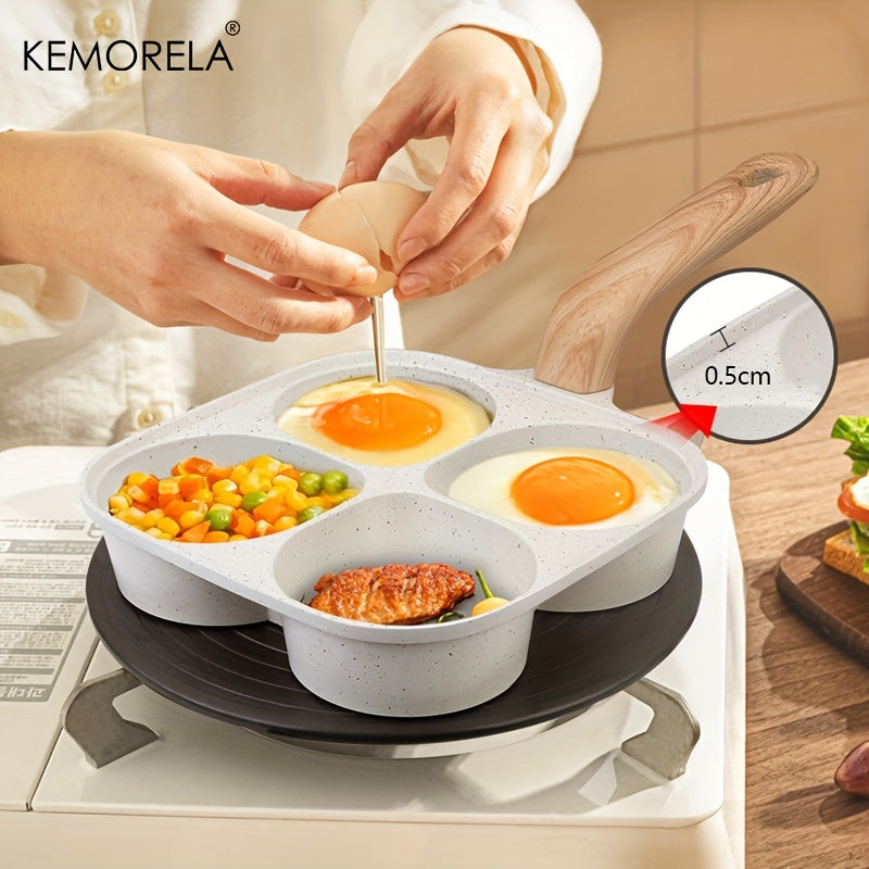 Experience the versatility of the KEMORELA 4-Section Non-Stick Frying Pan, designed for perfectly cooking eggs, burgers, and more. This pan is dishwasher safe and features a wooden handle, making it both convenient and stylish. Suitable for both