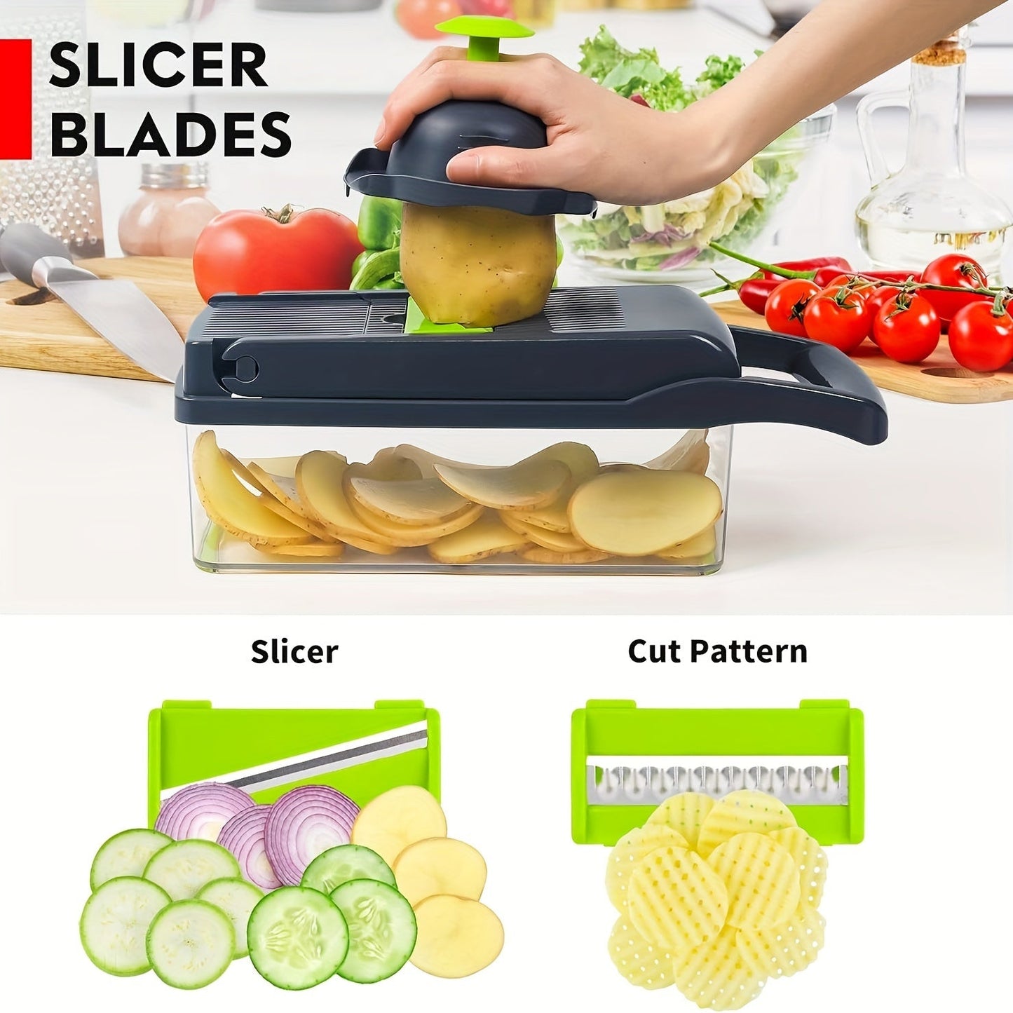 Get ready for all your holiday cooking with the 16-in-1 Multifunctional Vegetable Chopper & Slicer Set! This set includes 8 blades, an onion mincer with a container, making it perfect for Halloween, Christmas, Easter, and Thanksgiving meals. This