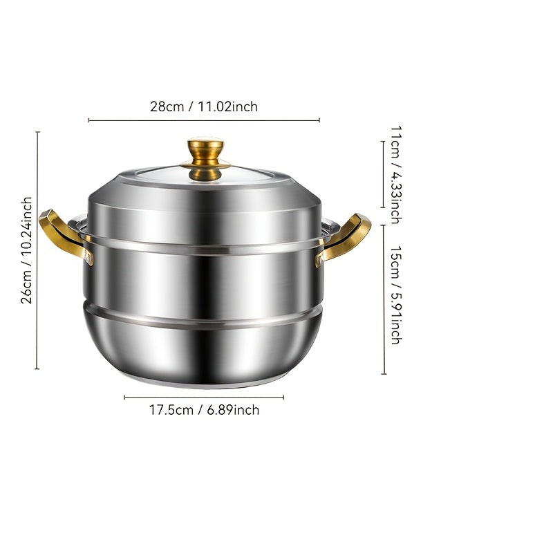 Stainless Steel Double-Layer Steamer Pot with Multi-Tiered Dumpling Steamer Insert, 27.94cm Size for Stovetop Use, Easy to Clean and Versatile Cookware