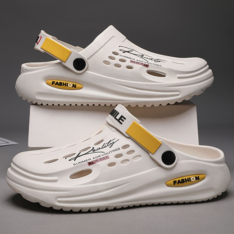 Men's trendy EVA clogs with alphabet design, breathable, slip-on garden shoes featuring secure yellow strap and "SMN WALKING PROS" insole for outdoor comfort.