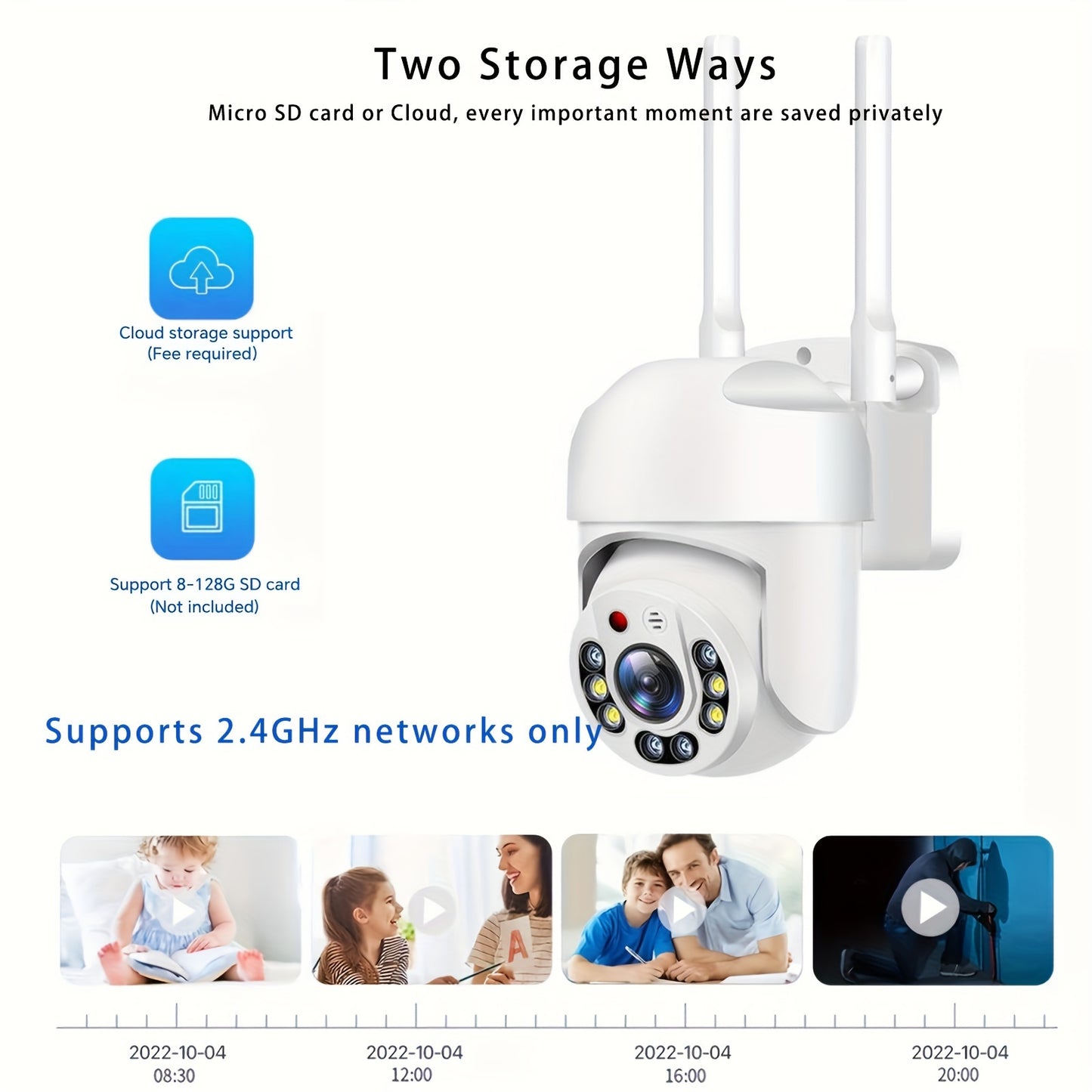 Outdoor Wifi PTZ security camera with auto tracking, 360 degree surveillance, day and night full color, AI motion detection, two-way voice intercom, and 2.4GHz connectivity.