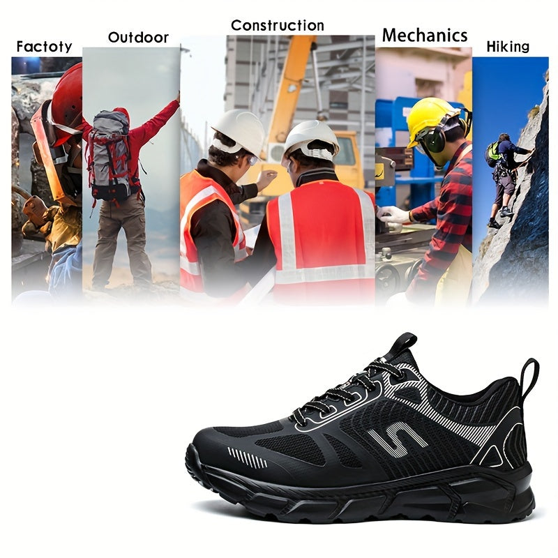 Breathable steel toe work sneakers for men with anti-smashing and puncture-proof features, offering comfort and protection.